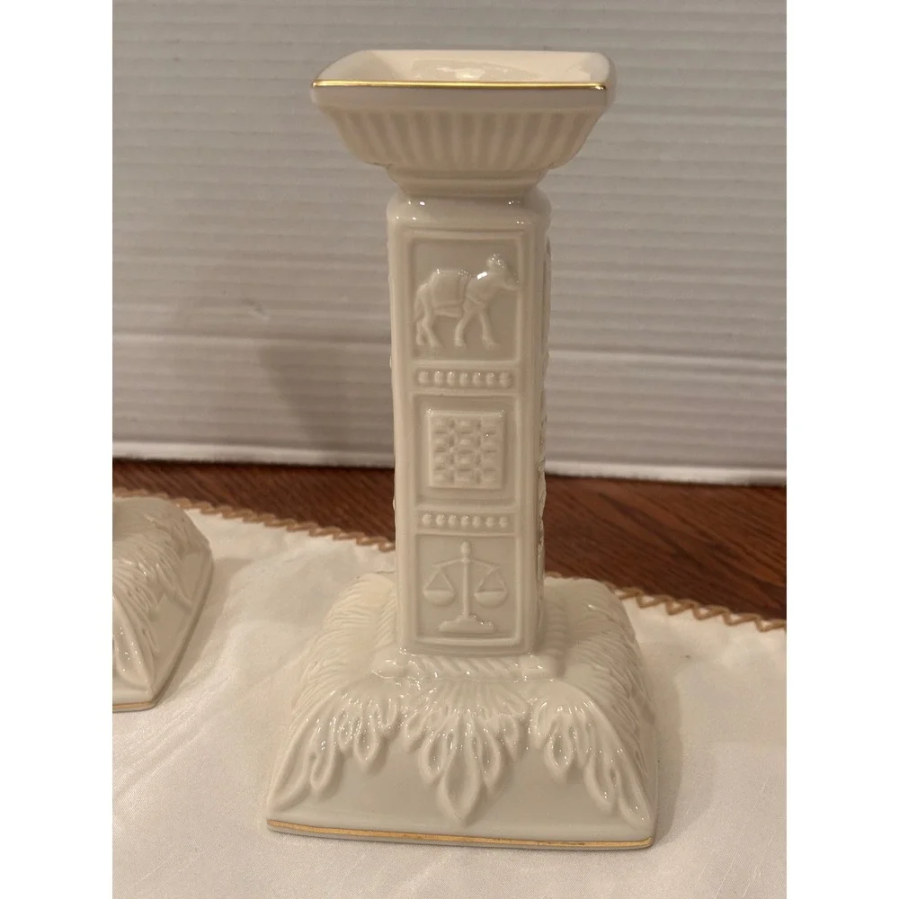 Lenox Twelve Tribes of Israel Candlesticks Ivory Gold Trim Set of 2 USA Made7.5" - Picture 2 of 15